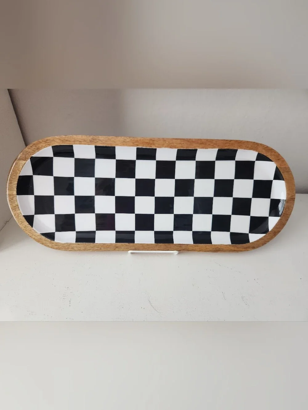 Checkerboard Oval Serving Tray Enamel On Wood With Wooden Risers 8in X 20in